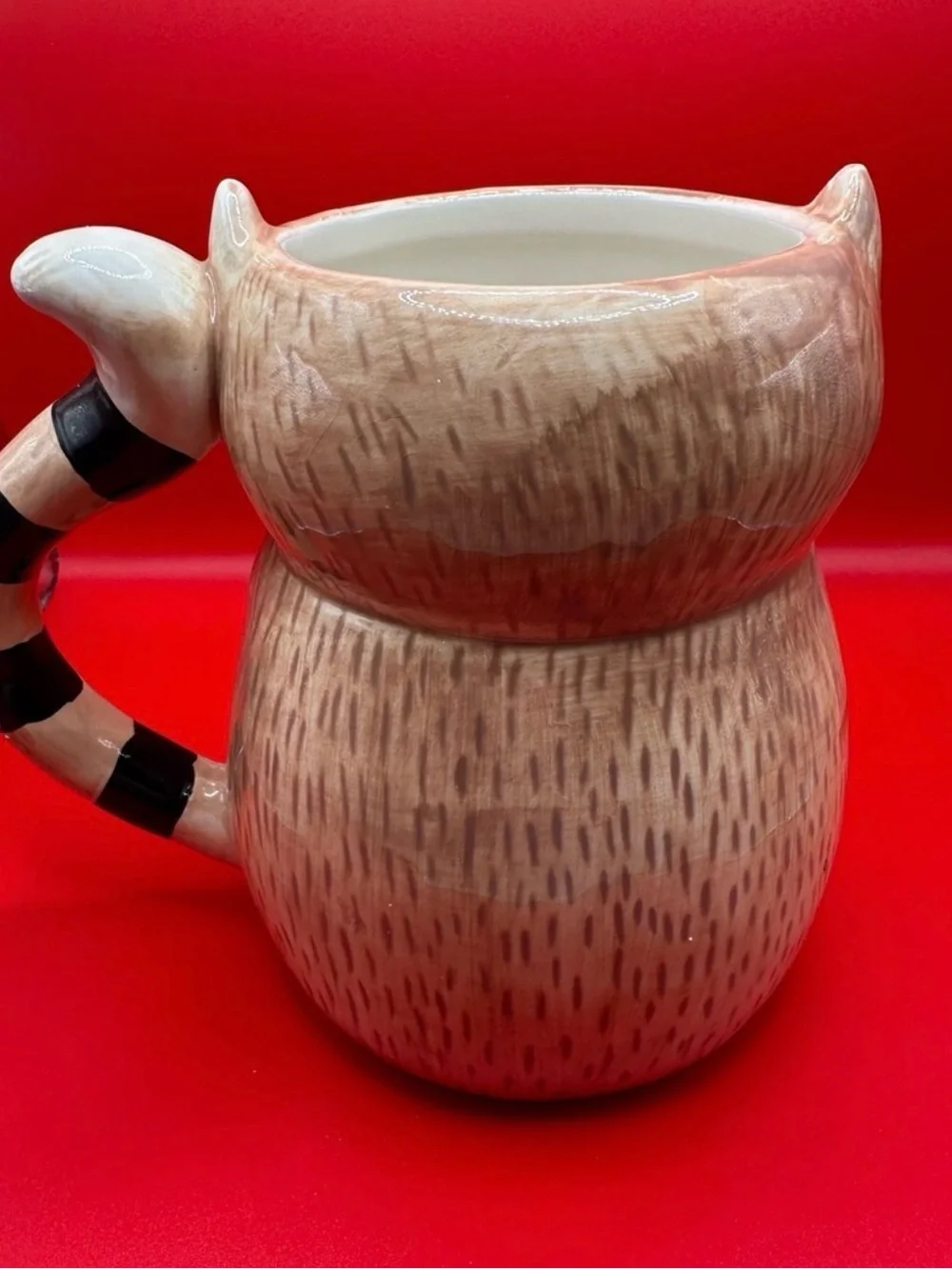 Cute Brown and White Raccoon Ceramic Pet-Themed Mug- small chip shown in pic